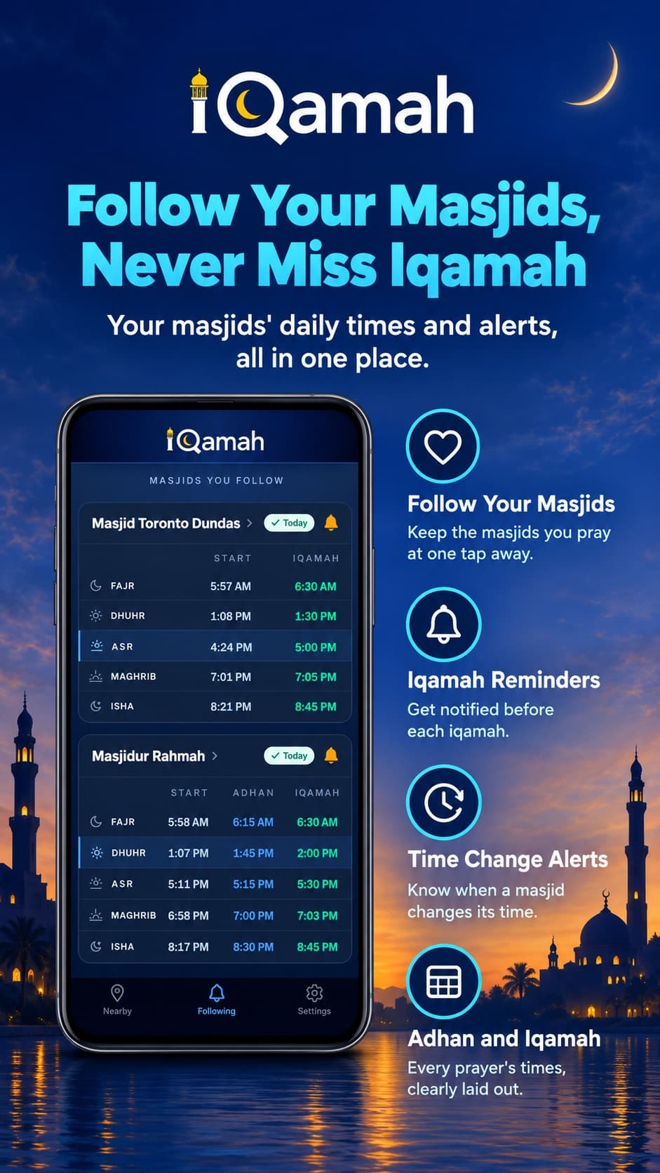 Following tab listing saved masjids with today's prayer times and an alert bell on each
