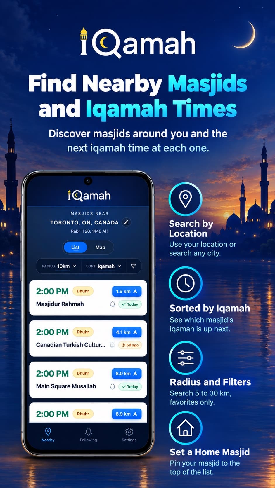 Nearby masjids in a list, each card showing its next iqamah time, prayer name and distance