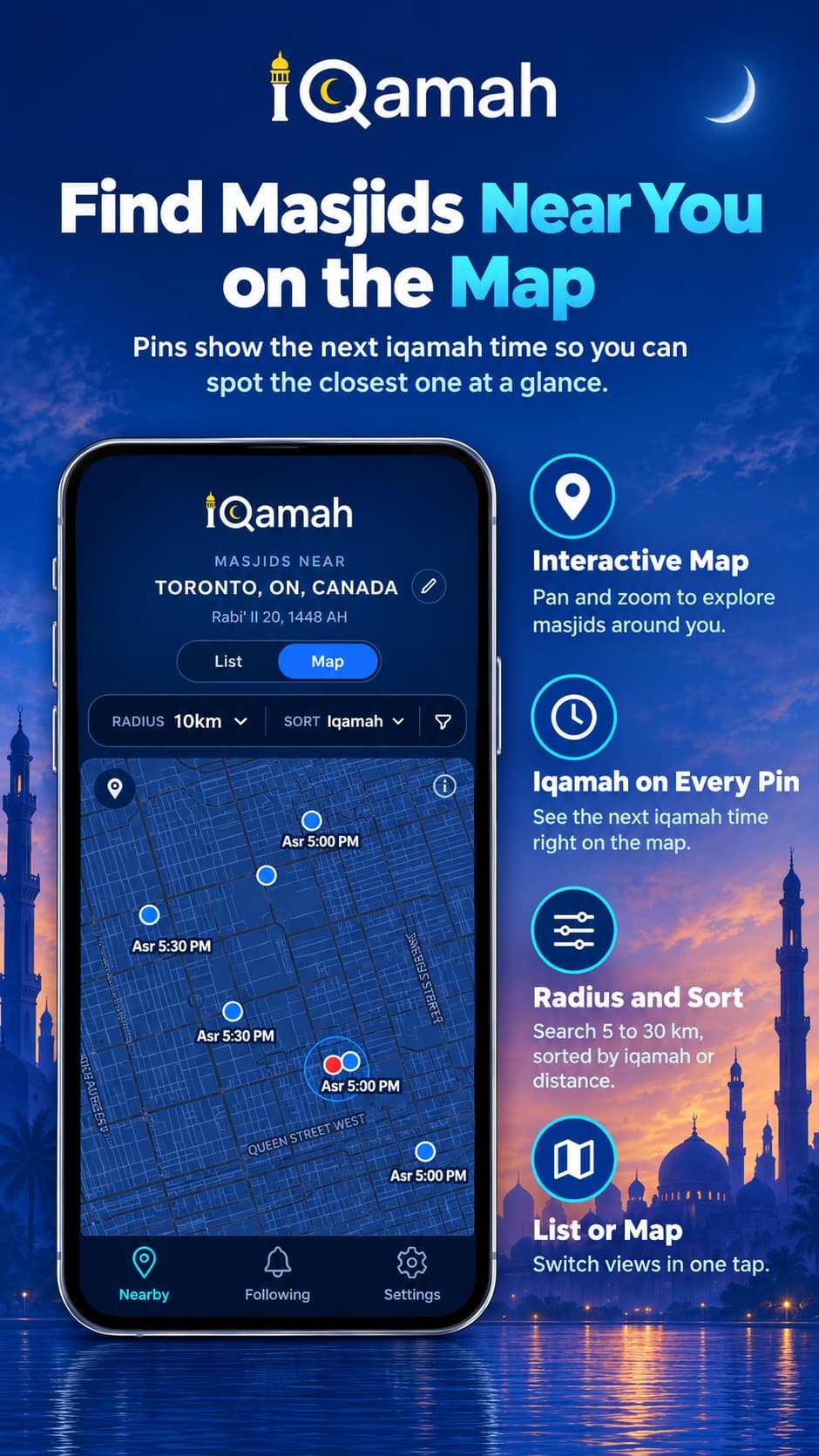 Map of nearby masjids with the next iqamah time printed beside every pin