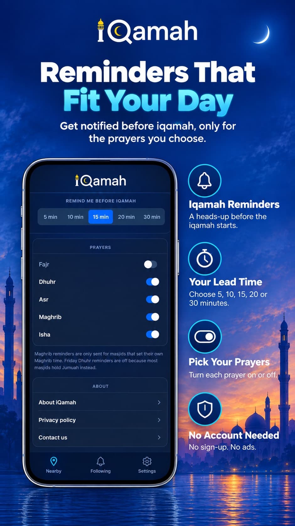 Reminder settings with a choice of 5 to 30 minutes before iqamah and an on/off switch for each prayer