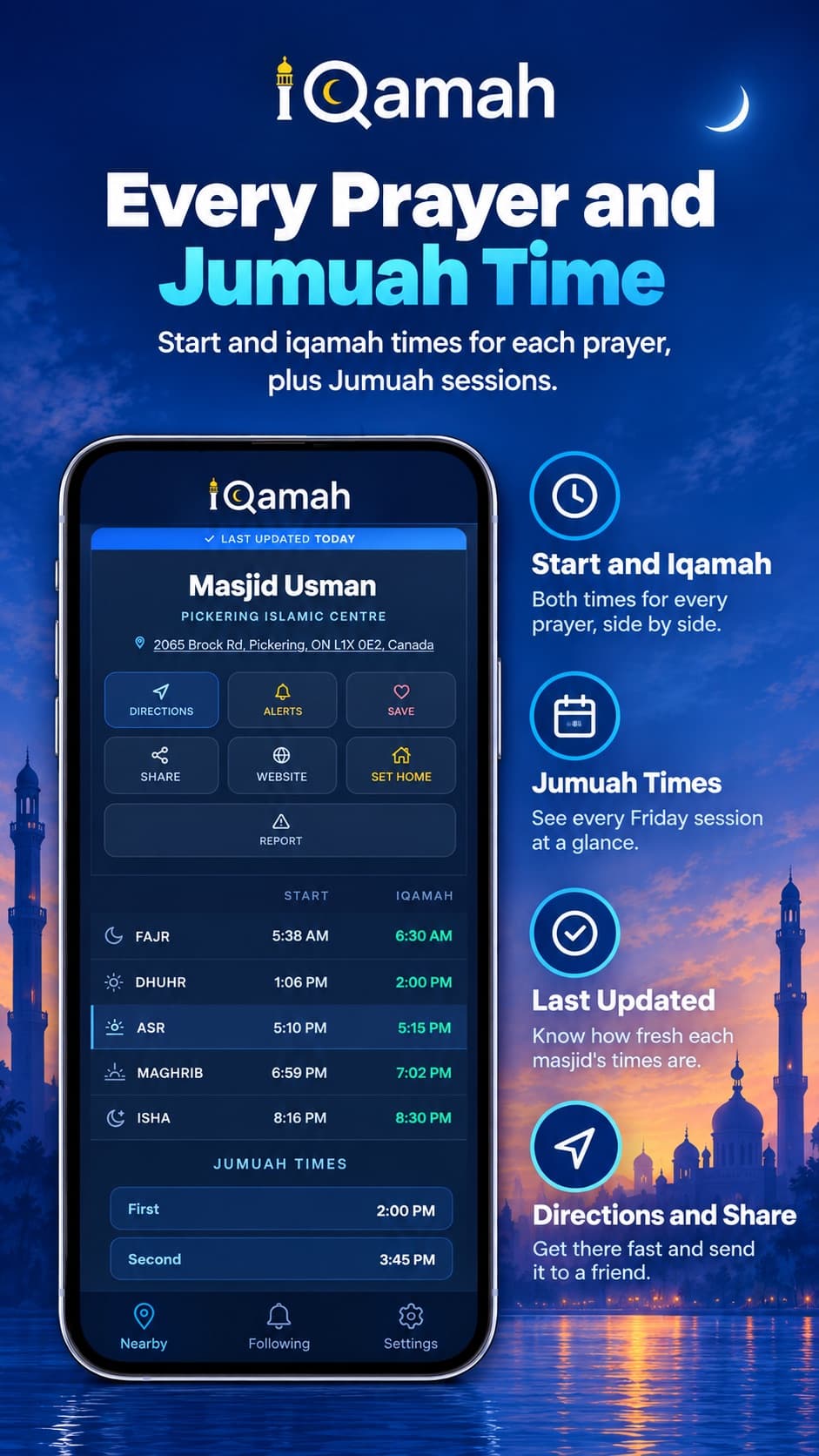 A masjid's page with start and iqamah times for all five prayers, two Jumuah sessions, and buttons for directions and sharing